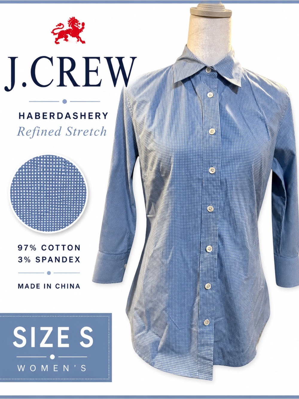 J.Crew Haberdashery Refined Stretch Blue Micro Dot Button Down Shirt S